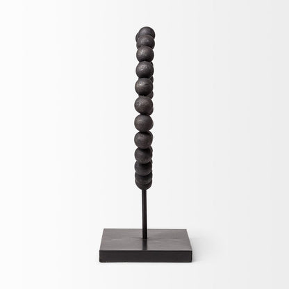 16" Black Wood and Metal Abstract Beaded Tabletop Sculpture