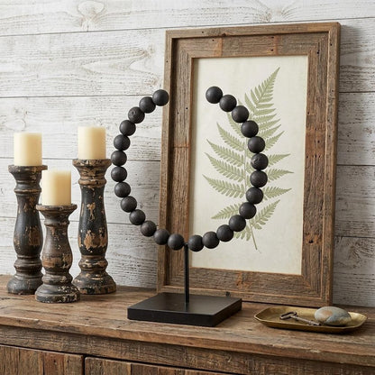 16" Black Wood and Metal Abstract Beaded Tabletop Sculpture