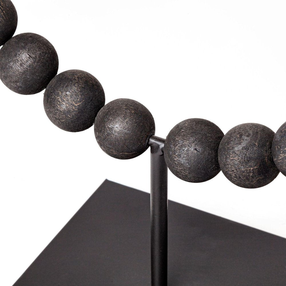16" Black Wood and Metal Abstract Beaded Tabletop Sculpture