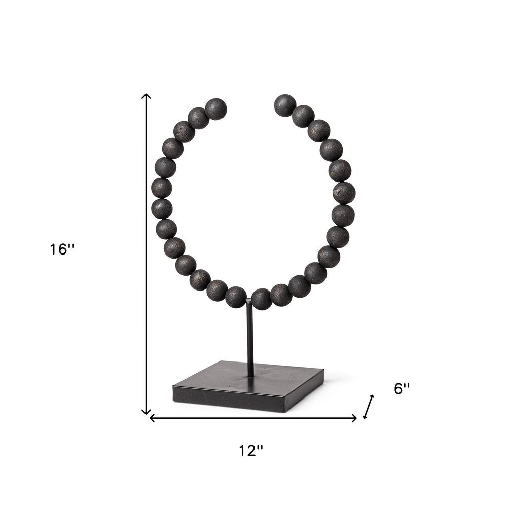 16" Black Wood and Metal Abstract Beaded Tabletop Sculpture