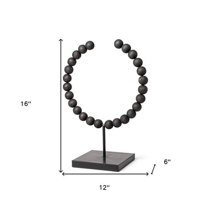 16" Black Wood and Metal Abstract Beaded Tabletop Sculpture