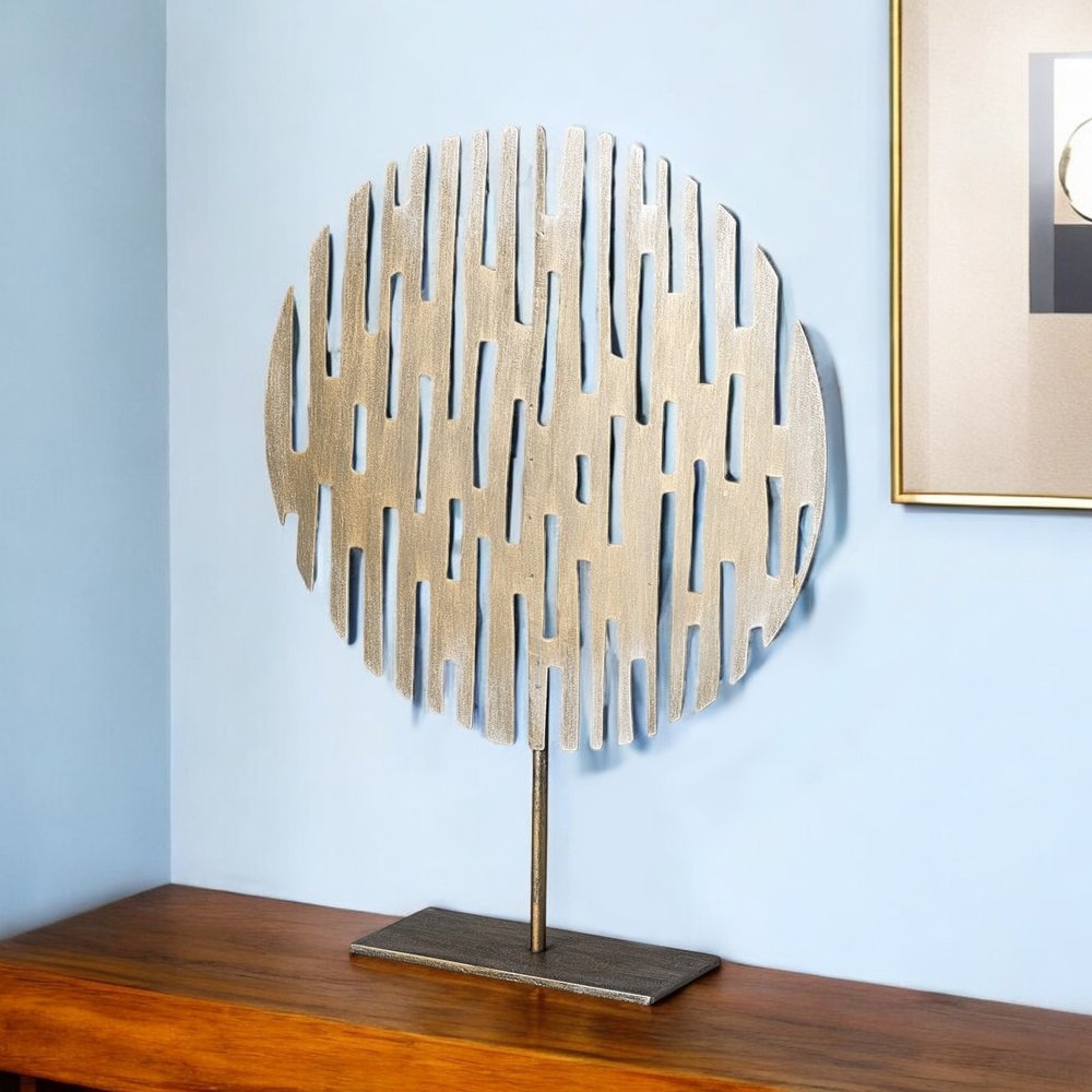 17" Antiqued Gold Round Disc Metal Tabletop Sculpture