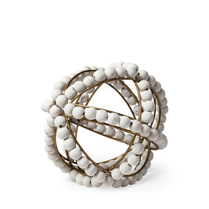 9" White And Gold Wooden Bead And Metal Orb Sculpture
