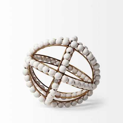 9" White And Gold Wooden Bead And Metal Orb Sculpture