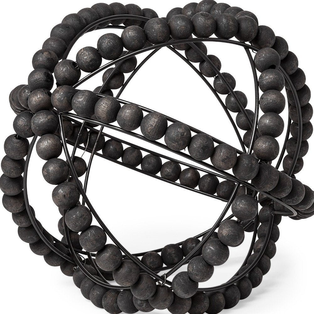 12" Black Wood Bead And Metal Decorative Orb Sculpture