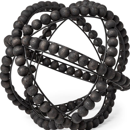 12" Black Wood Bead And Metal Decorative Orb Sculpture