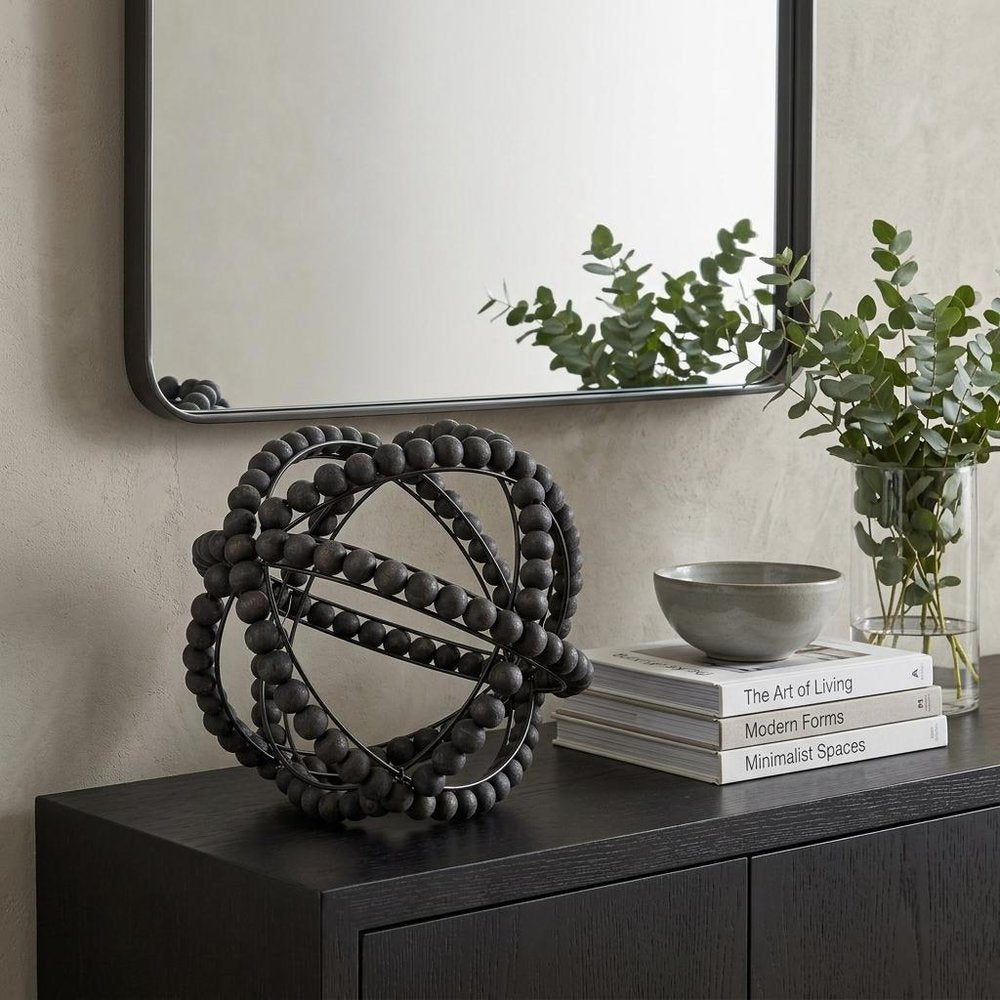12" Black Wood Bead And Metal Decorative Orb Sculpture