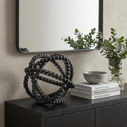 12" Black Wood Bead And Metal Decorative Orb Sculpture