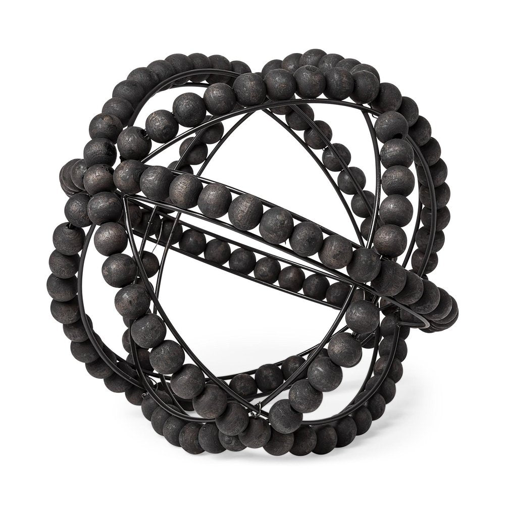 12" Black Wood Bead And Metal Decorative Orb Sculpture