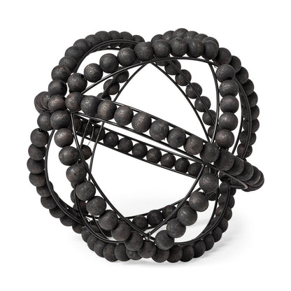 12" Black Wood Bead And Metal Decorative Orb Sculpture