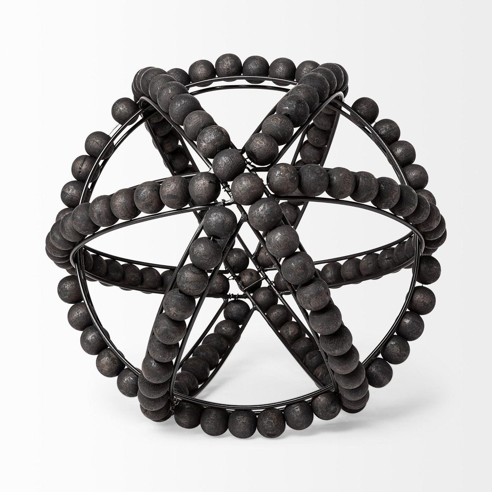 12" Black Wood Bead And Metal Decorative Orb Sculpture