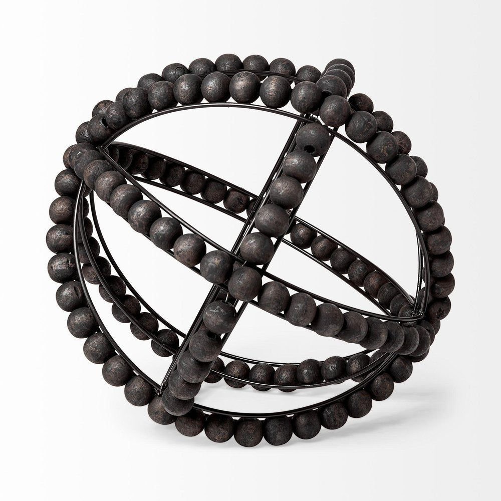 12" Black Wood Bead And Metal Decorative Orb Sculpture