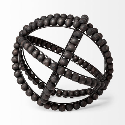 12" Black Wood Bead And Metal Decorative Orb Sculpture