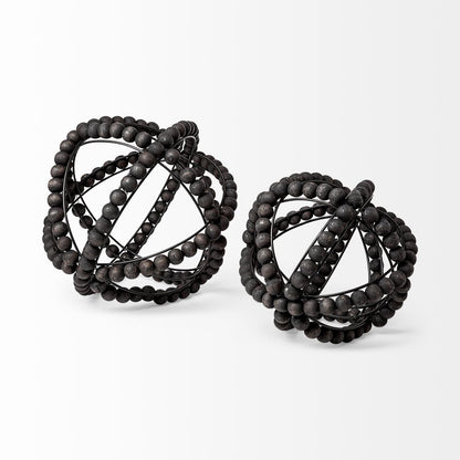 12" Black Wood Bead And Metal Decorative Orb Sculpture