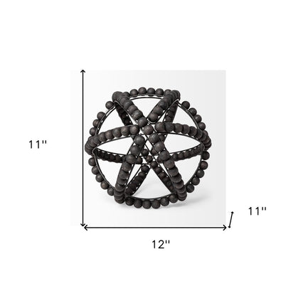 12" Black Wood Bead And Metal Decorative Orb Sculpture