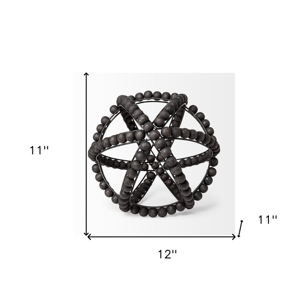 12" Black Wood Bead And Metal Decorative Orb Sculpture
