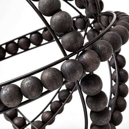 12" Black Wood Bead And Metal Decorative Orb Sculpture