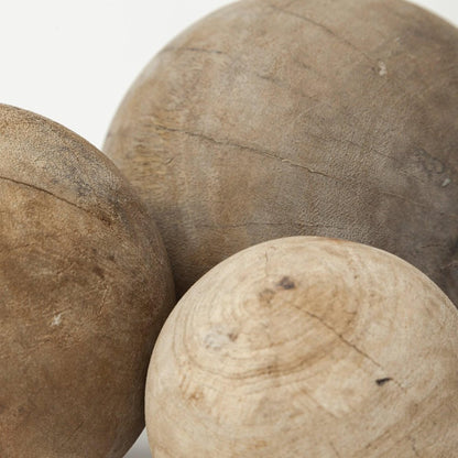 Set of Three 5" Brown Solid Wood Decorative Orb