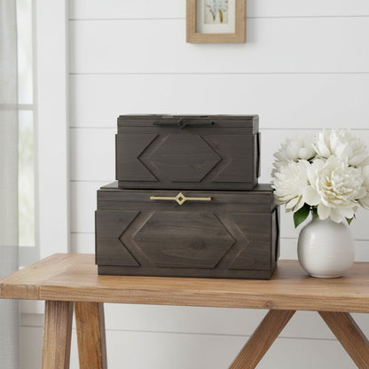 Set of Two Brown Solid Wood Box With Lid