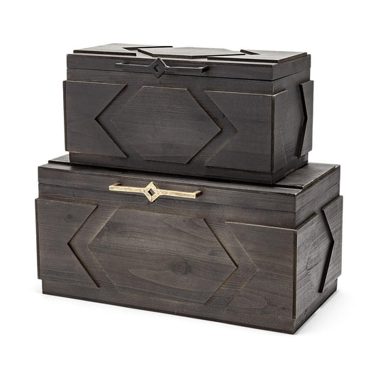 Set of Two Brown Solid Wood Box With Lid