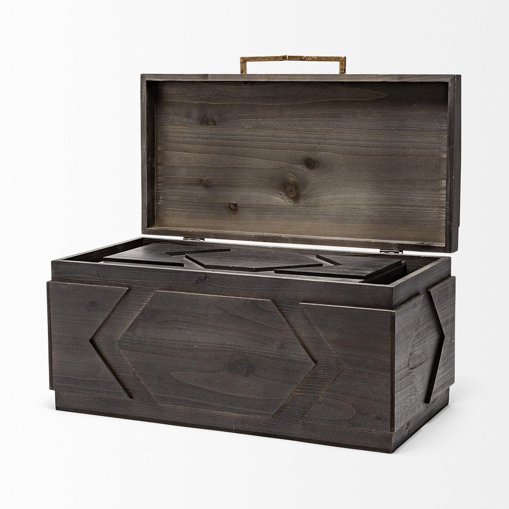 Set of Two Brown Solid Wood Box With Lid