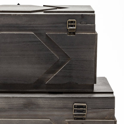 Set of Two Brown Solid Wood Box With Lid