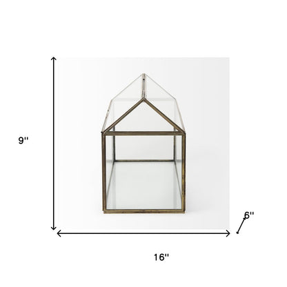 16" Clear And Gold Glass And Metal Terrarium House Organizing Box