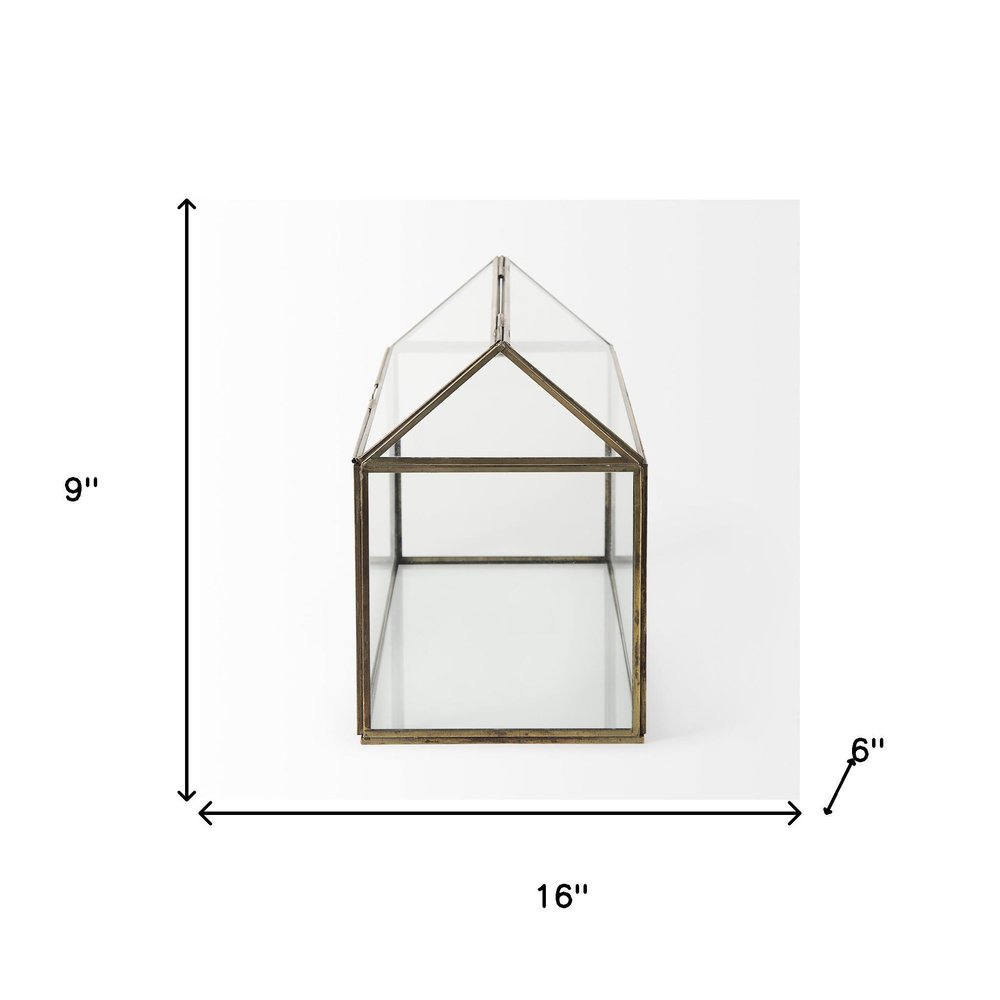 16" Clear And Gold Glass And Metal Terrarium House Organizing Box