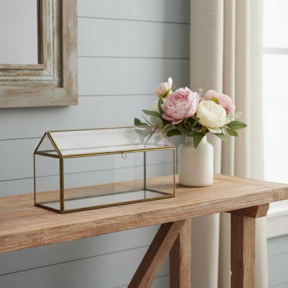 16" Clear And Gold Glass And Metal Terrarium House Organizing Box