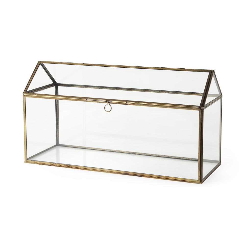 16" Clear And Gold Glass And Metal Terrarium House Organizing Box