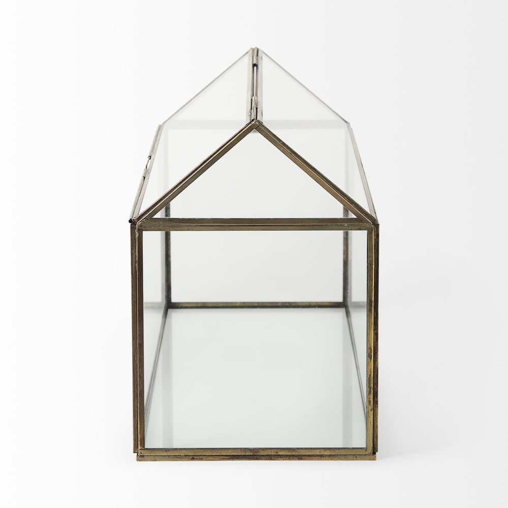 16" Clear And Gold Glass And Metal Terrarium House Organizing Box