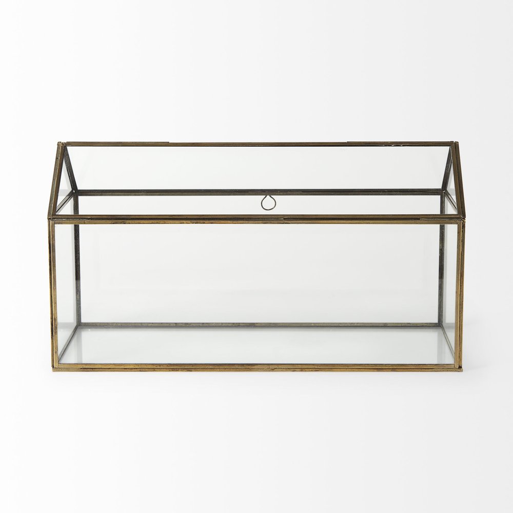 16" Clear And Gold Glass And Metal Terrarium House Organizing Box