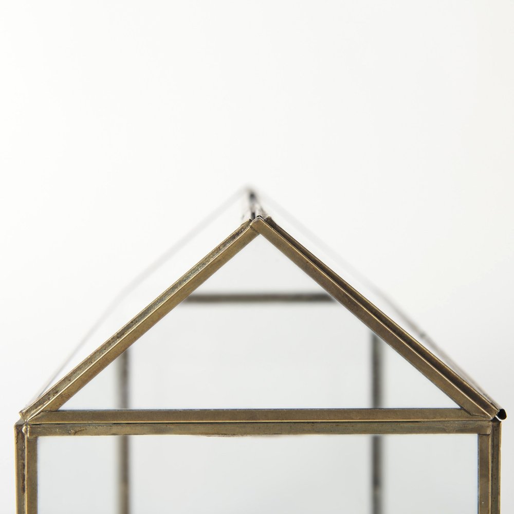16" Clear And Gold Glass And Metal Terrarium House Organizing Box