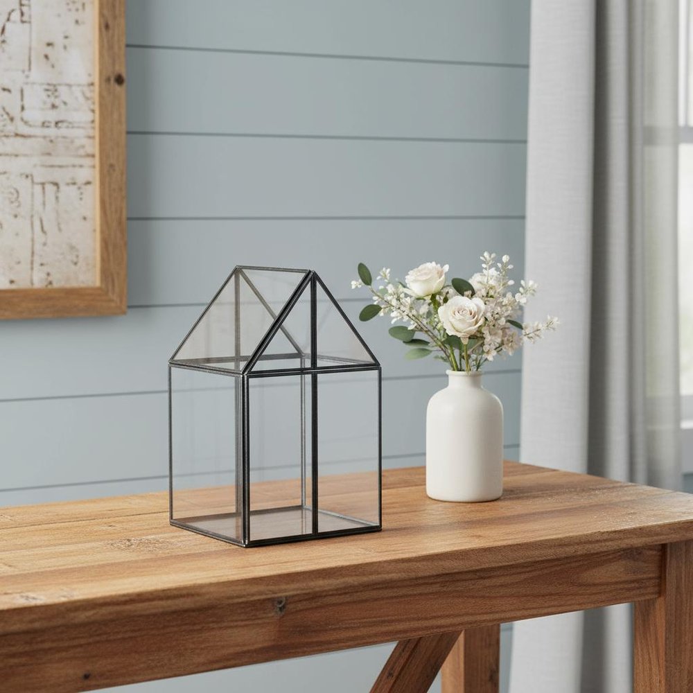8" Clear And Black Glass And Metal Terrarium House Organizing Box
