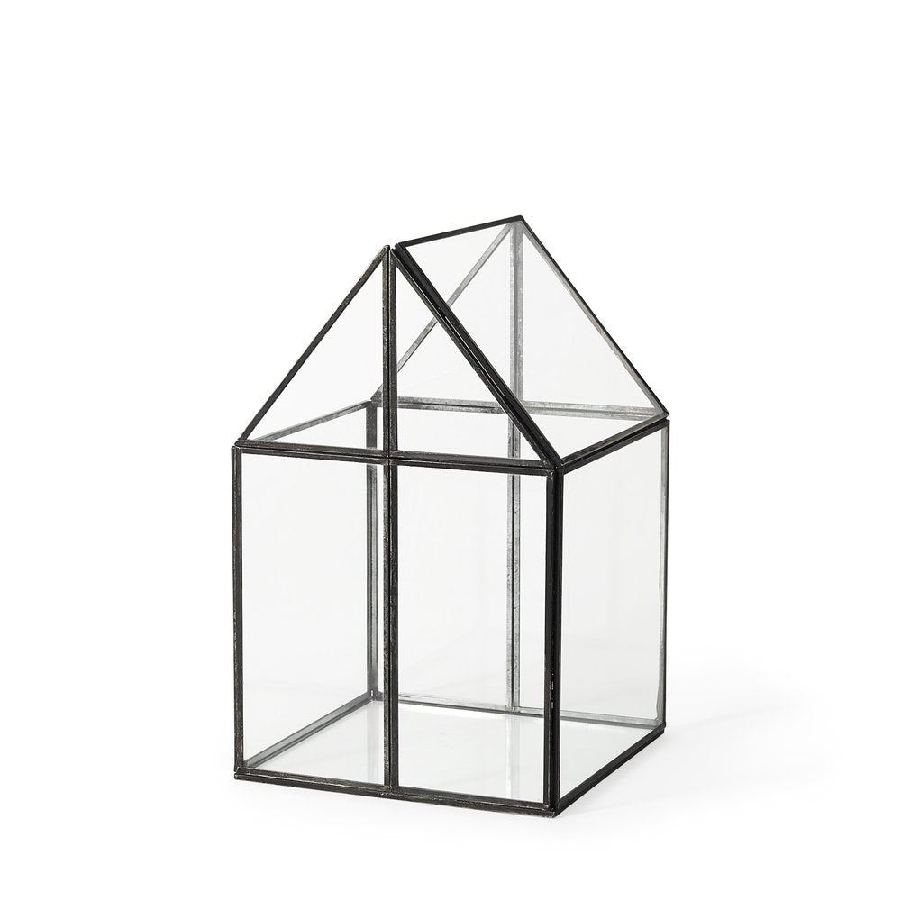 8" Clear And Black Glass And Metal Terrarium House Organizing Box