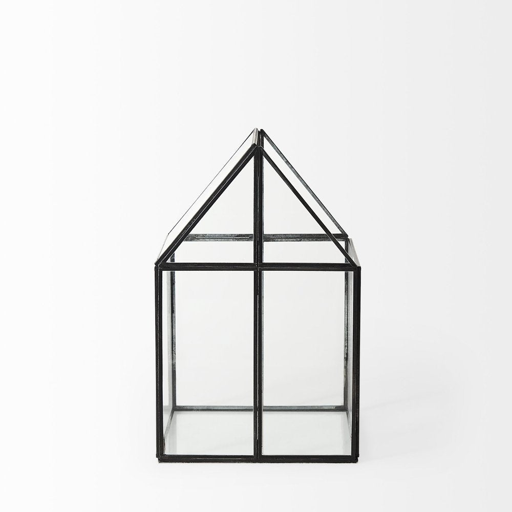 8" Clear And Black Glass And Metal Terrarium House Organizing Box