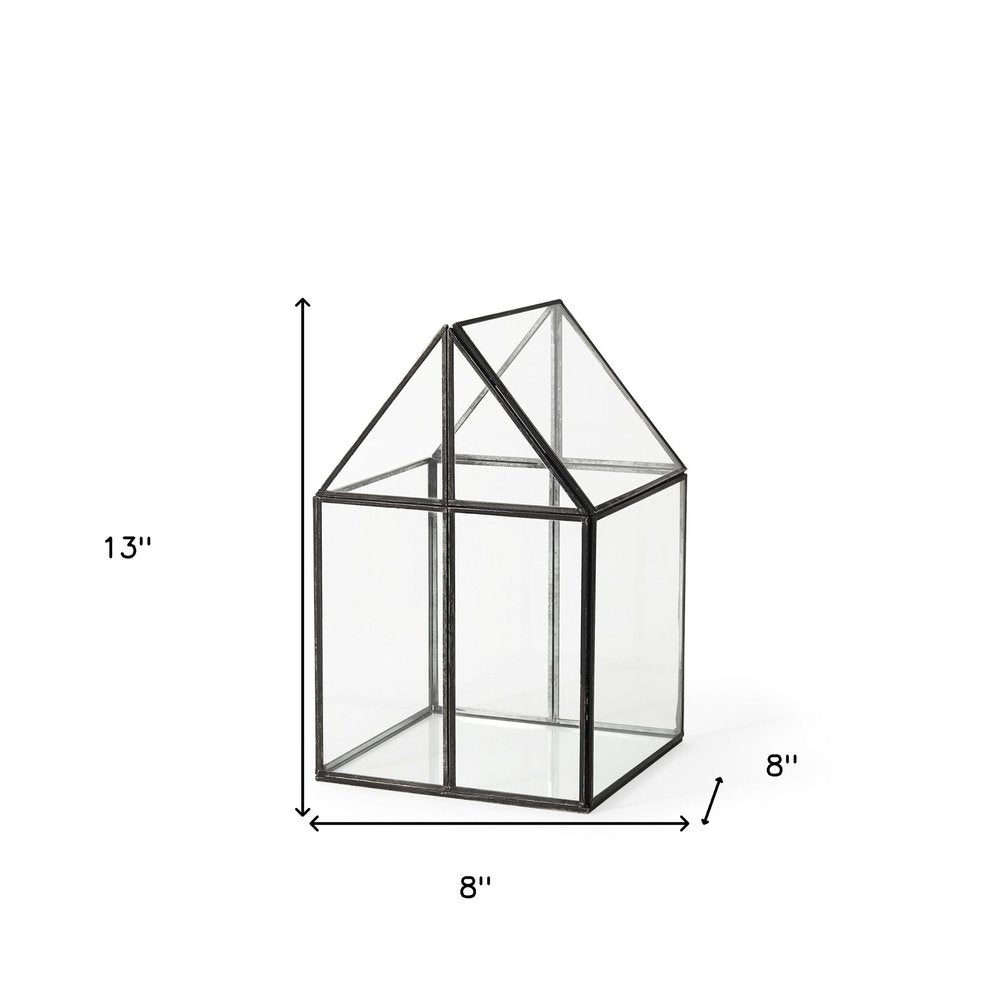 8" Clear And Black Glass And Metal Terrarium House Organizing Box
