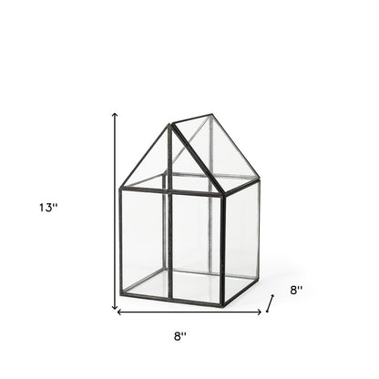 8" Clear And Black Glass And Metal Terrarium House Organizing Box