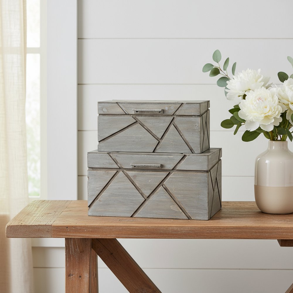 11" Gray Solid Wood Box With Lid