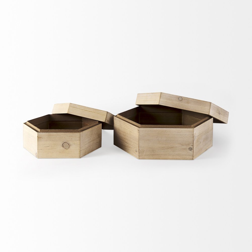 Set of Two Natural Solid Wood Box With Lid