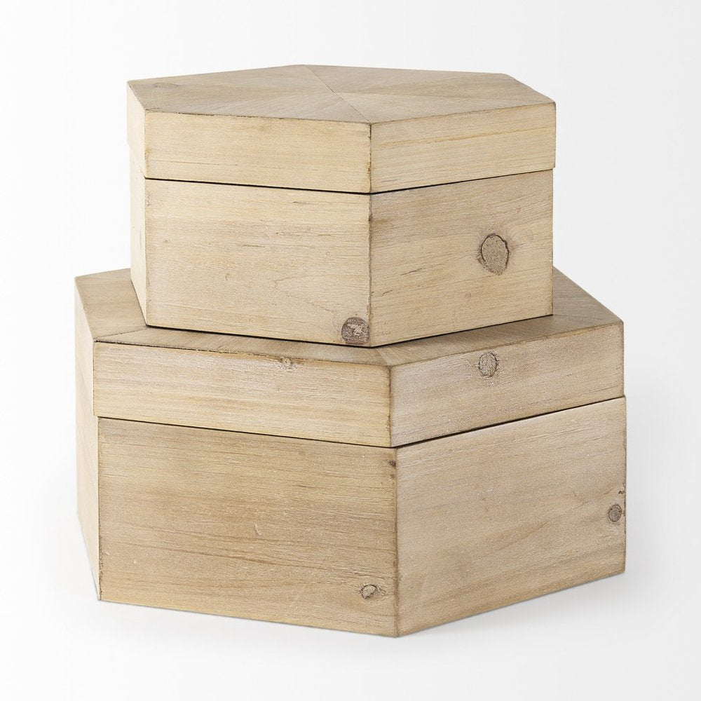 Set of Two Natural Solid Wood Box With Lid