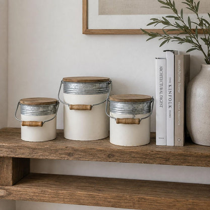 Set of Three White Gray And Brown Metal And Solid Wood Storage Buckets With Lid