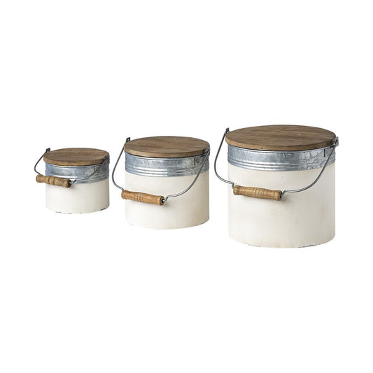 Set of Three White Gray And Brown Metal And Solid Wood Storage Buckets With Lid