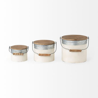 Set of Three White Gray And Brown Metal And Solid Wood Storage Buckets With Lid