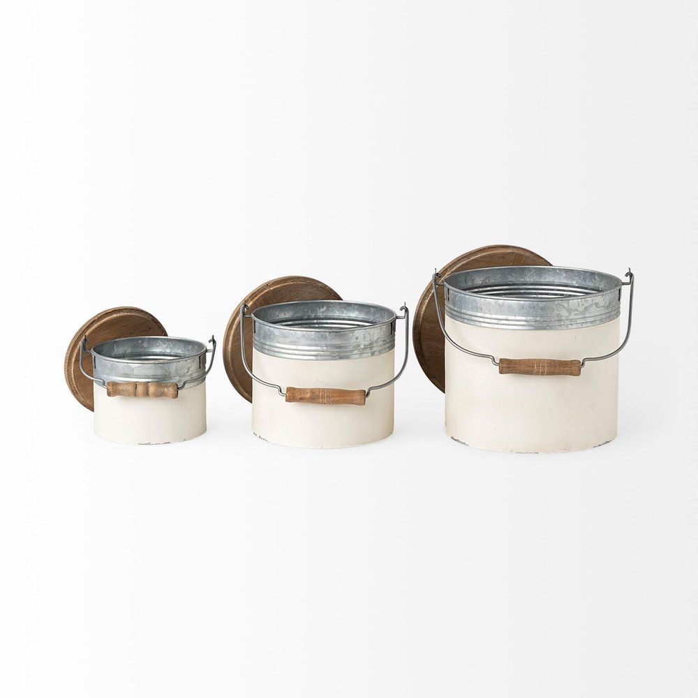 Set of Three White Gray And Brown Metal And Solid Wood Storage Buckets With Lid