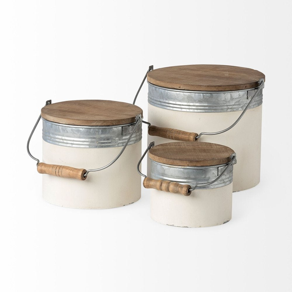 Set of Three White Gray And Brown Metal And Solid Wood Storage Buckets With Lid
