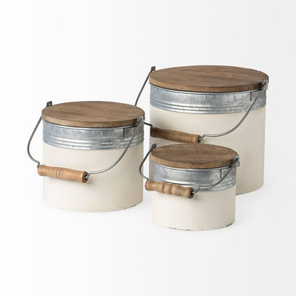 Set of Three White Gray And Brown Metal And Solid Wood Storage Buckets With Lid