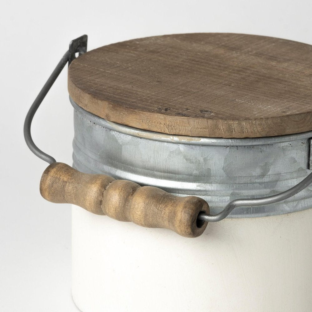 Set of Three White Gray And Brown Metal And Solid Wood Storage Buckets With Lid