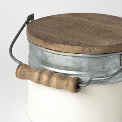 Set of Three White Gray And Brown Metal And Solid Wood Storage Buckets With Lid