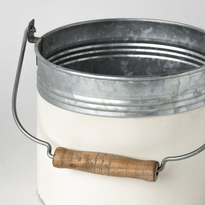 Set of Three White Gray And Brown Metal And Solid Wood Storage Buckets With Lid